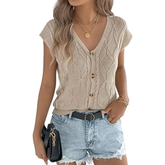Women'S Short Sleeve Button Down Cardigan Sweater V Neck Cable Knit Shrug Vest Khaki L