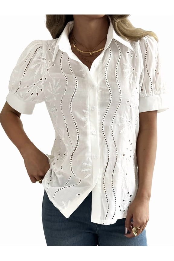 Women'S Short Sleeve Button Down Collared Blouses Embroidery Eyelet Top White L