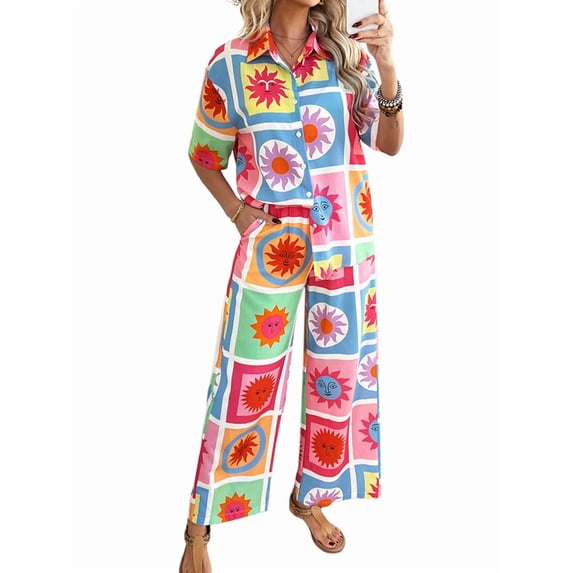 Women'S Short Sleeve Button Down Shirt Printed Tops Lounge Shorts Summer Beach Tracksuit 2 Pcs Set Checkered Flower L