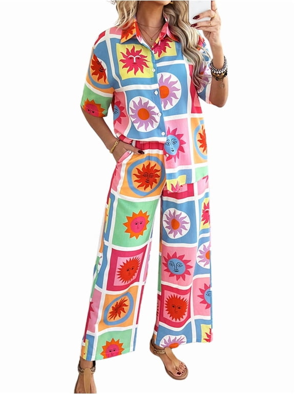 Women'S Short Sleeve Button Down Shirt Printed Tops Lounge Shorts Summer Beach Tracksuit 2 Pcs Set Checkered Flower S