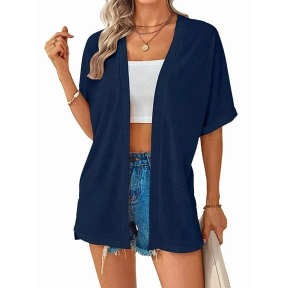 Women'S Short Sleeve Cardigan Summer Cardigan Casual Loose Beach Cover-Up Curved Hem Dark Blue M