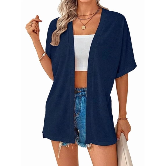 Women'S Short Sleeve Cardigan Summer Cardigan Casual Loose Beach Cover-Up Curved Hem Dark Blue S