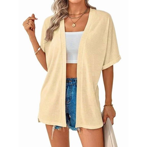 Women'S Short Sleeve Cardigan Summer Cardigan Casual Loose Beach Cover-Up Curved Hem M