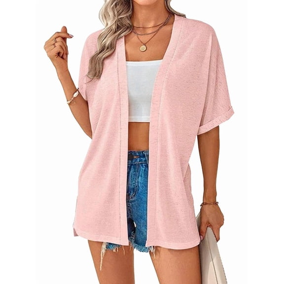 Women'S Short Sleeve Cardigan Summer Cardigan Casual Loose Beach Cover-Up Curved Hem Pink M