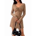 thumbnail image 1 of Women'S Short Sleeve Drawstring Front Ruched Short Dress V Neck A Line Tshirt Dresses Coffee Color S, 1 of 9