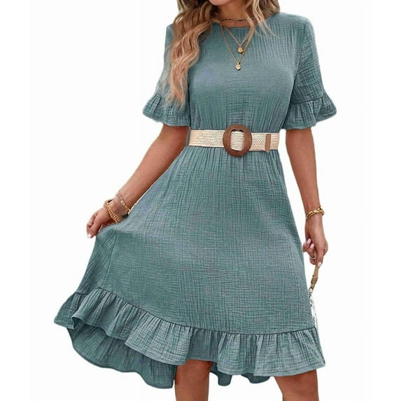 Women'S Short Sleeve Dresses High Waist Round Neck Solid Flounce Sleeve Ruffle Dress Gray Blue M