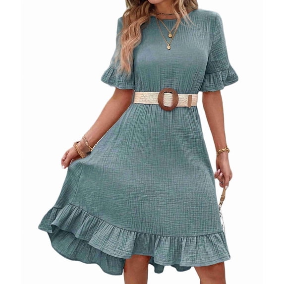 Women'S Short Sleeve Dresses High Waist Round Neck Solid Flounce Sleeve Ruffle Dress Gray Blue XXXL
