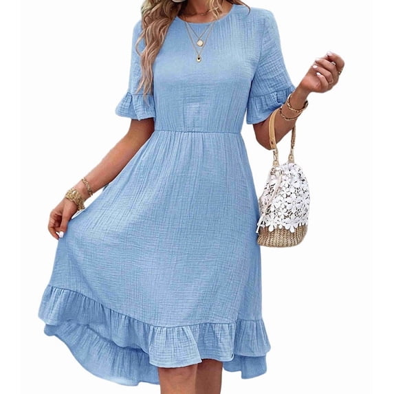 Women'S Short Sleeve Dresses High Waist Round Neck Solid Flounce Sleeve Ruffle Dress Sky Blue L