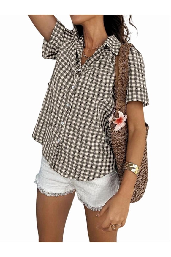 Women'S Short Sleeve Gingham Plaid Button Down Lapel Collar Blouse Summer Shirts Gray L
