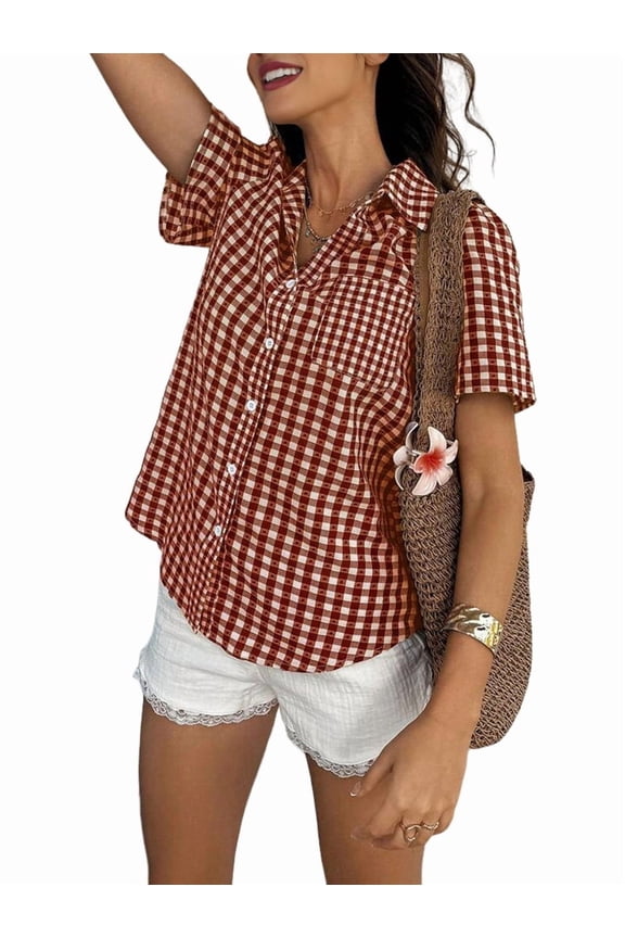 Women'S Short Sleeve Gingham Plaid Button Down Lapel Collar Blouse Summer Shirts Red L