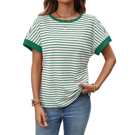 Women'S Short Sleeve Knit Tops Trendy Crewneck Striped T Shirts Casual Summer Blouses Outfits Green XL
