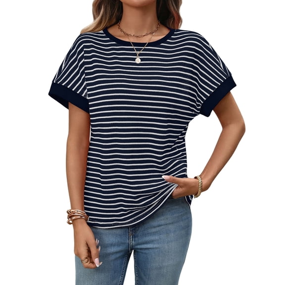 Women'S Short Sleeve Knit Tops Trendy Crewneck Striped T Shirts Casual Summer Blouses Outfits Navy Blue L