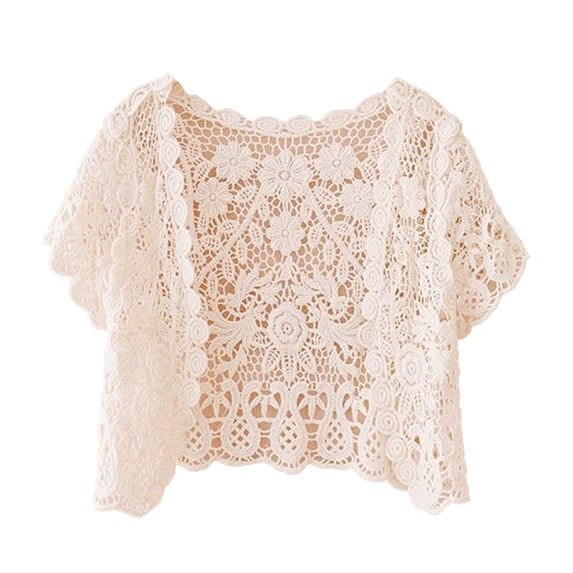 Women’S Short Sleeve Lace Shrugs Bolero Cardigan Crochet Sheer Crop Jacket Hollow Out Floral Lace Open Front Crochet Flower Cardigan Sweater Knit Shrug for Dress Elegant Cropped Cardigan