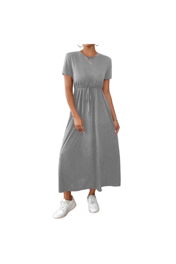 Women'S Short Sleeve Maxi Dresses Casual Long Dress with Pockets Grey S