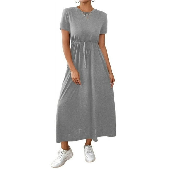Women'S Short Sleeve Maxi Dresses Casual Long Dress with Pockets Grey XXL