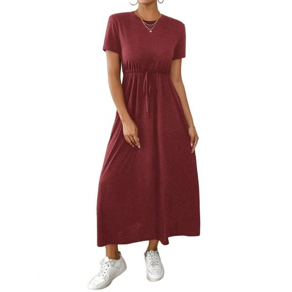 Women'S Short Sleeve Maxi Dresses Casual Long Dress with Pockets Wine Red M