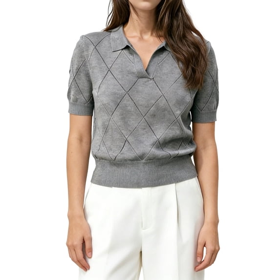 Women'S Short Sleeve Po-Lo Sweater Knit V Neck Pullover Shirt Summer Top Gray XL