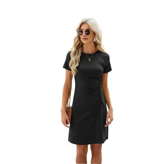 Women'S Short Sleeve Ruched Casual Sundress Midi Bodycon T Shirt Dress Black L