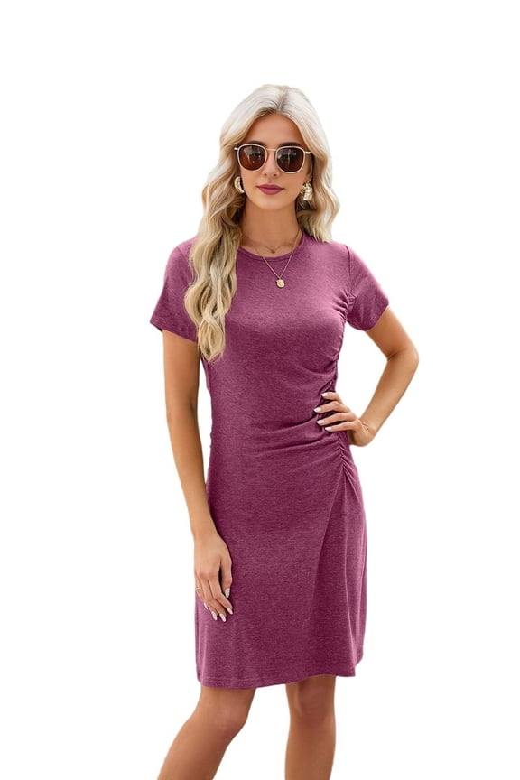 Women'S Short Sleeve Ruched Casual Sundress Midi Bodycon T Shirt Dress Wine red XL
