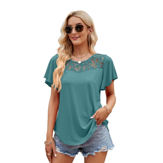 Women'S Short Sleeve Shirts Dressy Lace Summer Tops 2025 Spring Trendy Casual T-Shirts Cute Blouses Lake Blue M