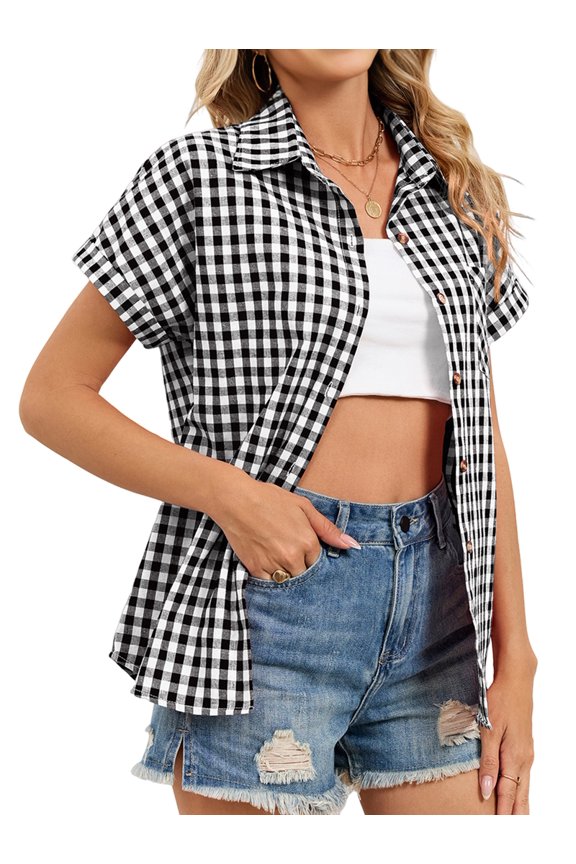 Women'S Short Sleeve Summer Shirts V Neck Collared Button Down Shirt Tops with Pockets Black & White Grid L