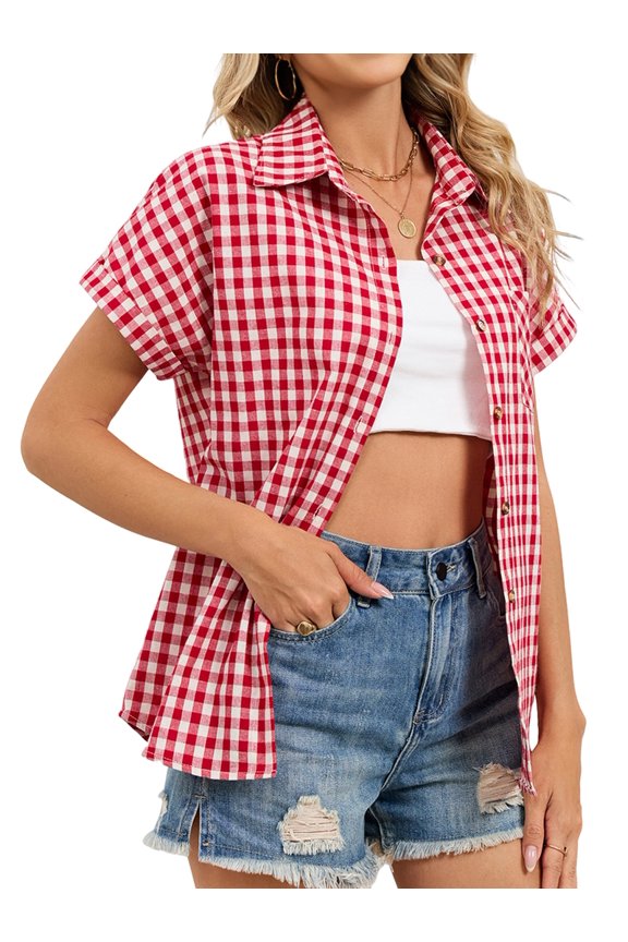 Women'S Short Sleeve Summer Shirts V Neck Collared Button Down Shirt Tops with Pockets Red & White Grid S