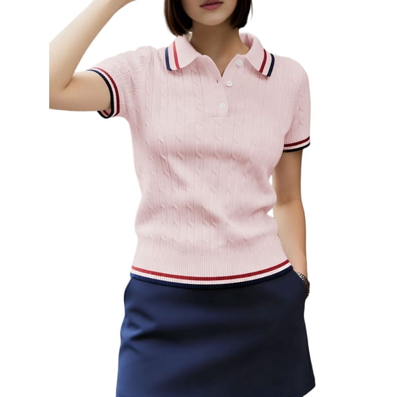 Women'S Short Sleeve Sweater Tops Lapel V Neck Shirts Cable Knit Loose Blouse Casual Outfits Pink S