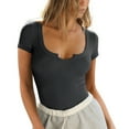 thumbnail image 1 of Women'S Short Sleeve T-Shirts Form Fitting Ribbed Knit V Scoop Neck Basic Crop Top Dark Gray XL, 1 of 7