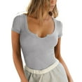 thumbnail image 1 of Women'S Short Sleeve T-Shirts Form Fitting Ribbed Knit V Scoop Neck Basic Crop Top Flower Ash XL, 1 of 9