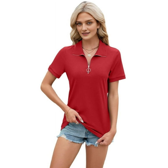 Women'S Short Sleeve Top 2025 Summer Elegant V Neck Zipper Collared Work Shirts Dressy Blouses Red XL