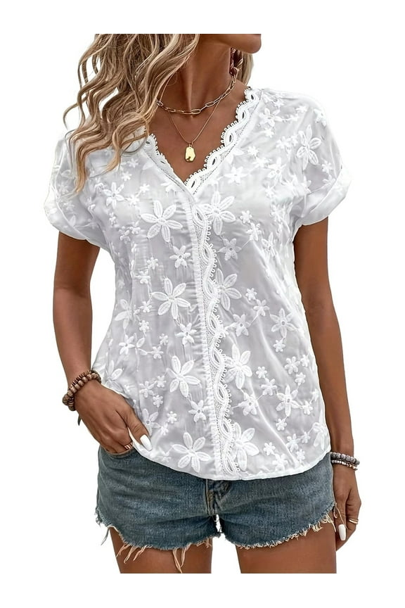 Women'S Short Sleeve Tops V Neck Embroidery Eyelet Blouse Shirts White L