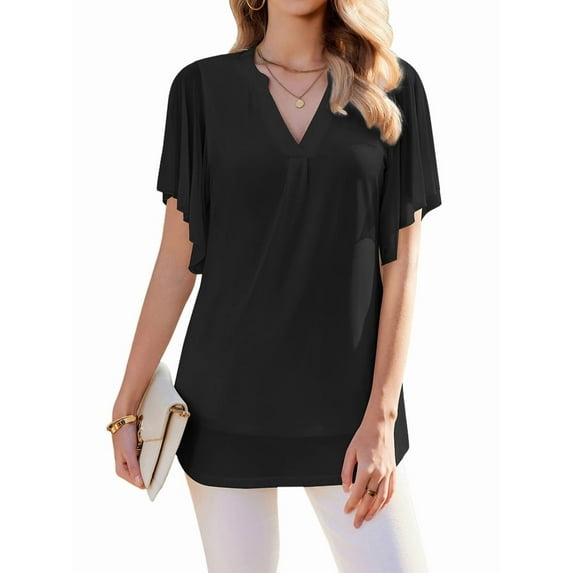 Women'S Short Sleeve V Neck Blouses Shirts Floral Double Layers Mesh Tunics Tops Black XXL