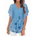 thumbnail image 1 of Women'S Short Sleeve V Neck Blouses Shirts Floral Double Layers Mesh Tunics Tops Gray-Blue Flower S, 1 of 6