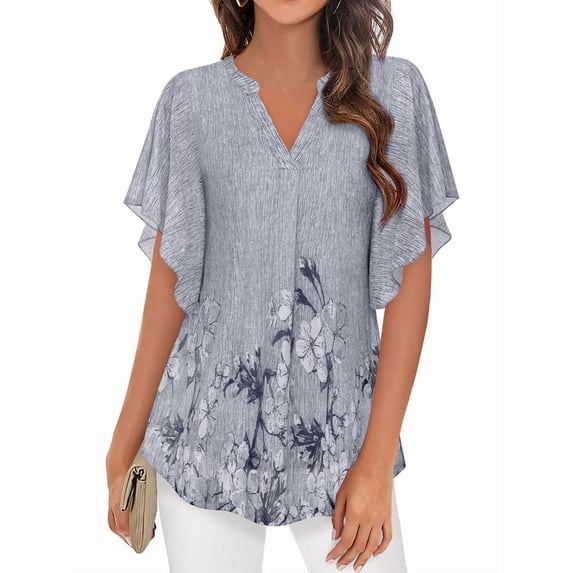 Women'S Short Sleeve V Neck Blouses Shirts Floral Double Layers Mesh Tunics Tops Gray Flower Print S