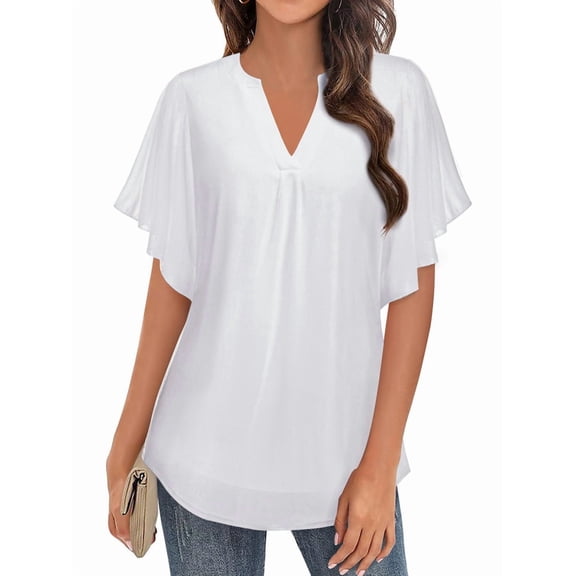 Women'S Short Sleeve V Neck Blouses Shirts Floral Double Layers Mesh Tunics Tops White S