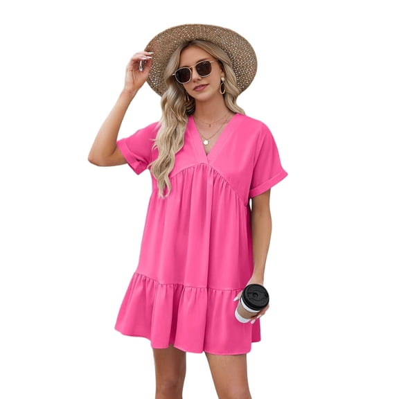 Women'S Short Sleeve V Neck Ruffle Hem Solid Swing Smock Dress Casual Loose Fit Mini Dress Summer Beach Wear Rose red M