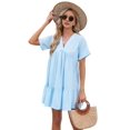 thumbnail image 1 of Women'S Short Sleeve V Neck Ruffle Hem Solid Swing Smock Dress Casual Loose Fit Mini Dress Summer Beach Wear Sky blue XXL, 1 of 9