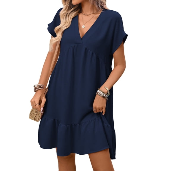 Women'S Short Sleeve V Neck Ruffle Hem Solid Swing Smock Dress Navy Blue S