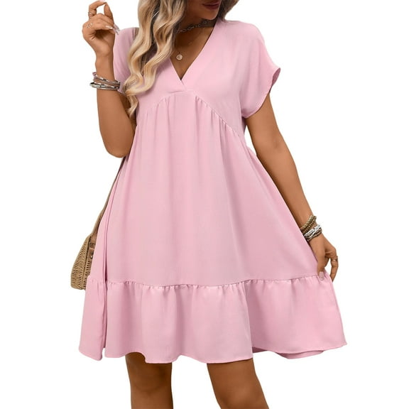 Women'S Short Sleeve V Neck Ruffle Hem Solid Swing Smock Dress Pink S