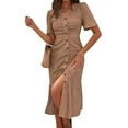thumbnail image 1 of Women'S Short Sleeve V Neck Sundress Summer Casual Button Floral Dress with Pockets Khaki S, 1 of 4