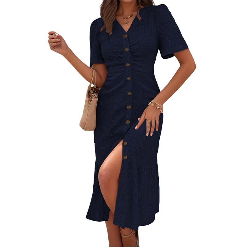 Women'S Short Sleeve V Neck Sundress Summer Casual Button Floral Dress with Pockets Navy Blue M