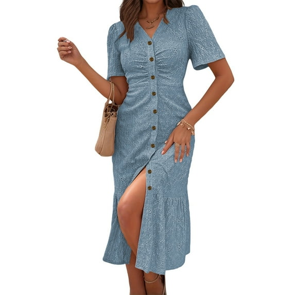 Women'S Short Sleeve V Neck Sundress Summer Casual Button Floral Dress with Pockets Sky Blue XL
