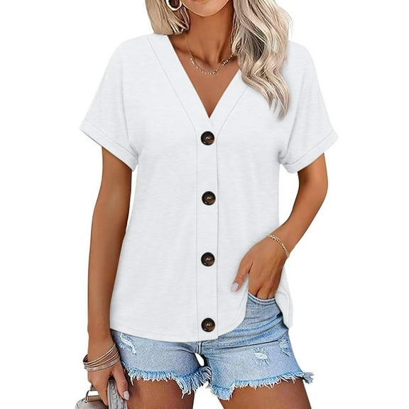 Women'S Short Sleeve V Neck Tops Casual Button Down Summer T Shirts Basic Ladies Tees White L
