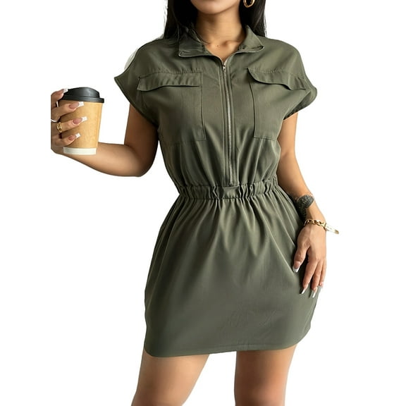 Women'S Short Sleeves Multi-Pocket Collared Shirt Dress Zip Up Cowgirl Dresses Army Green XL
