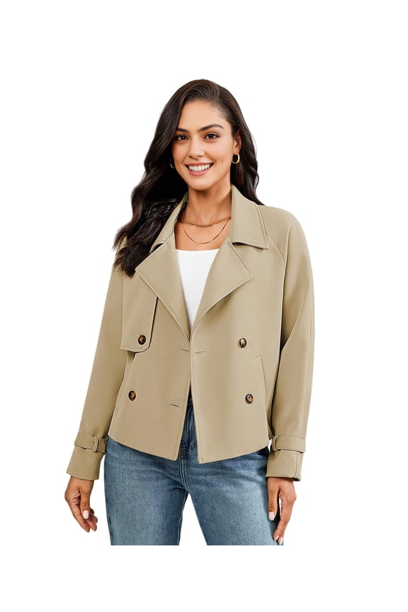 Women'S Short Trench Coat Double Breasted Long Sleeve Jacket Casual Spring Fall Outerwear Khaki XL
