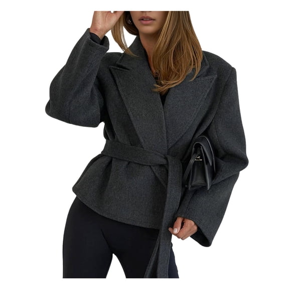 Women'S Short Wool Blazer with Belt Elegant and Versatile Tie Waist for A Youthful Look Deep Flower Gray L