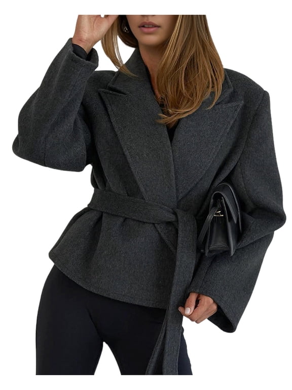 Women'S Short Wool Blazer with Belt Elegant and Versatile Tie Waist for A Youthful Look Deep Flower Gray L