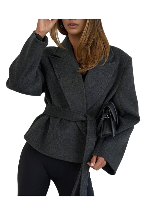 Women'S Short Wool Blazer with Belt Elegant and Versatile Tie Waist for A Youthful Look Deep Flower Gray M