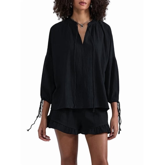 Women'S Shorts Set, Two-Piece, Long-Sleeved Tie-Dress Top and Ruffled Boxer Shorts, Matching Casual Set Black S