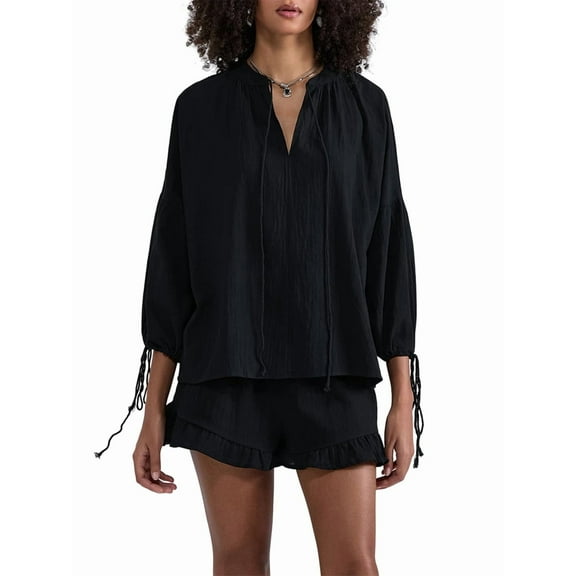 Women'S Shorts Set, Two-Piece, Long-Sleeved Tie-Dress Top and Ruffled Boxer Shorts, Matching Casual Set Black XL